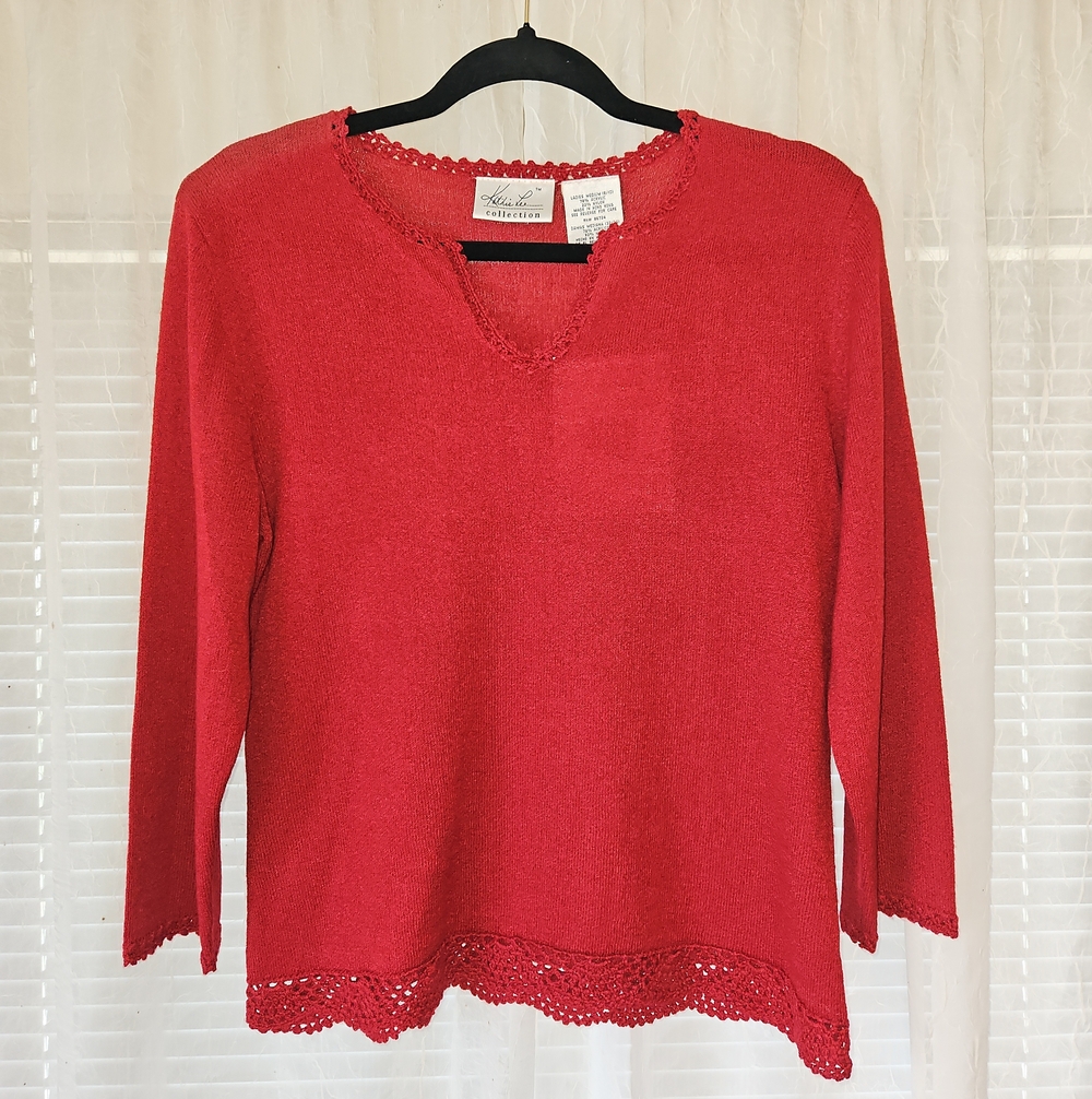 Kathie Lee Collection Brick Red Crochet Hem Split Neck Pullover Knit Top